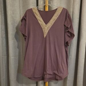 BloomChic Mauve V-Neck Blouse with Crochet Detail
